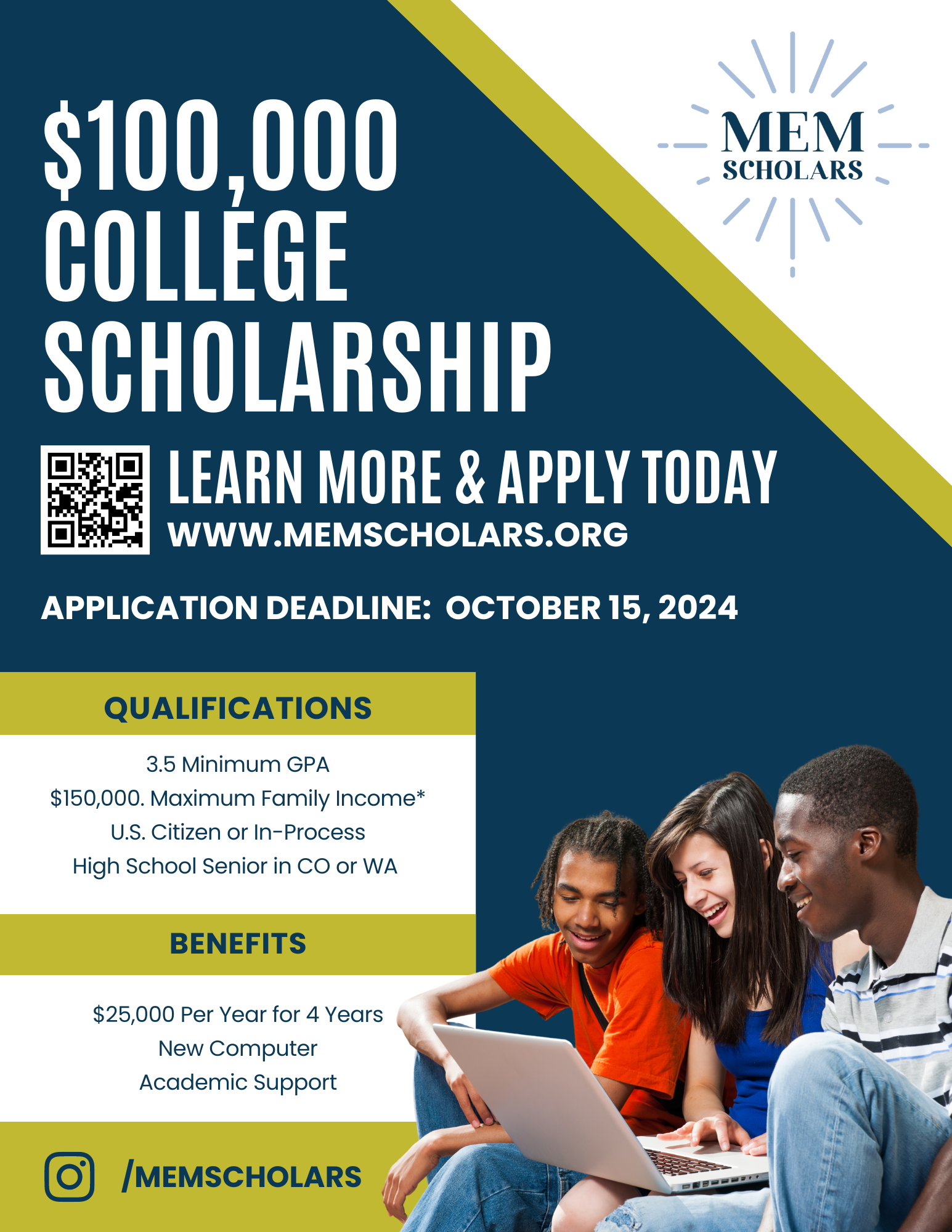 This is a flyer that provides information on our $100,000 College Scholarship.  It provides our webaddress www.memscholars.org to learn more and apply.